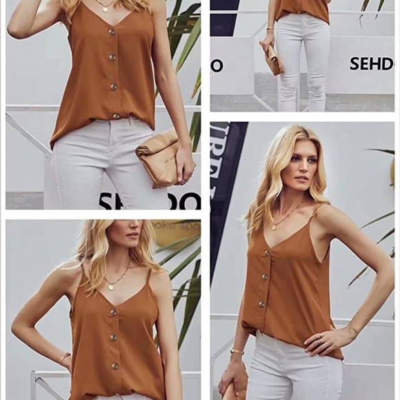 Blencot - Women's Buttondown V Neck Strappy Pumpkin Color Blouse, Size XL - Picture 2 of 6